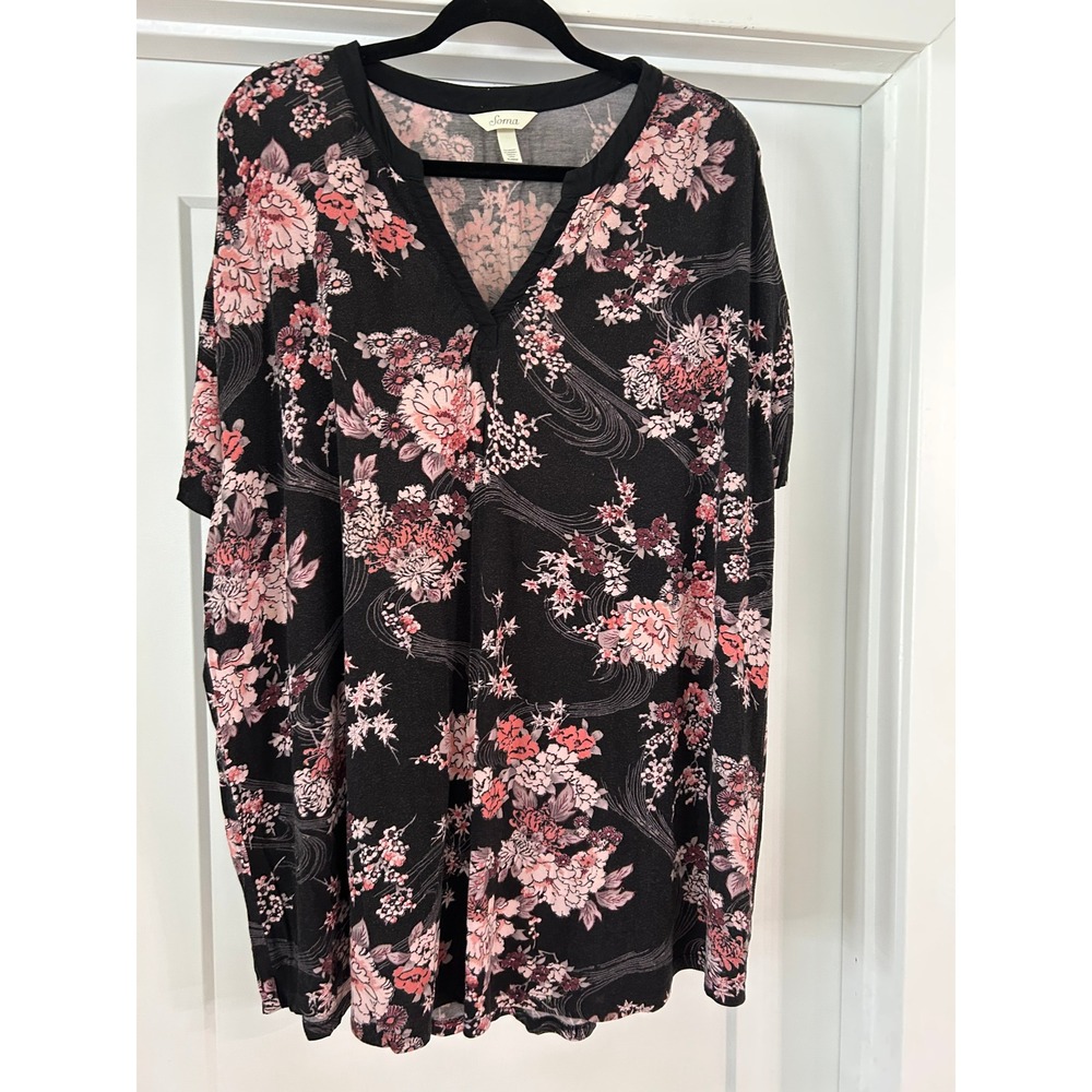 Soma Cool Nights Intimates Womens XL Black Pink Floral Short Sleeve Sleep Shirt